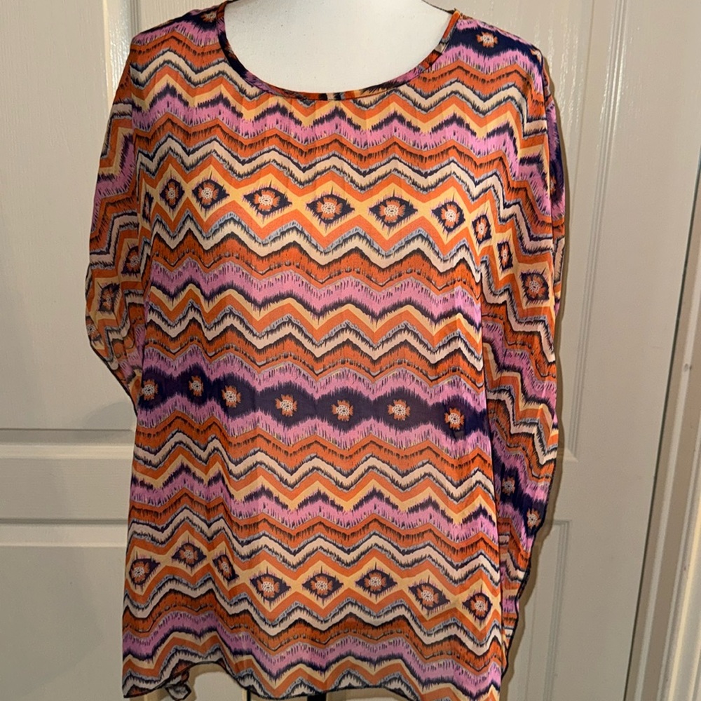Aztec Print Sheer Poncho Shirt - Size Small